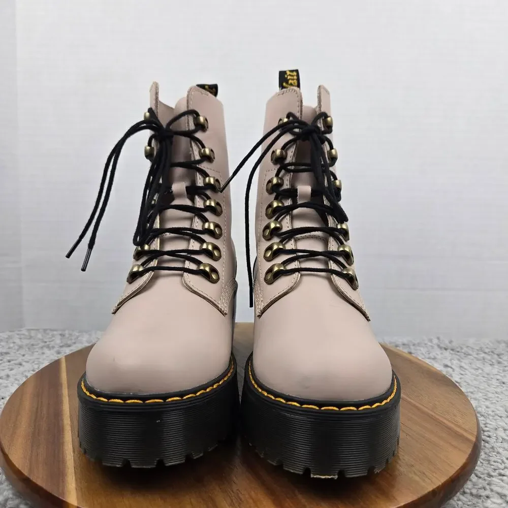 Dr. Martens Womens 8 Leona Beige Leather Y2K Black Heel Platform Combat Boot